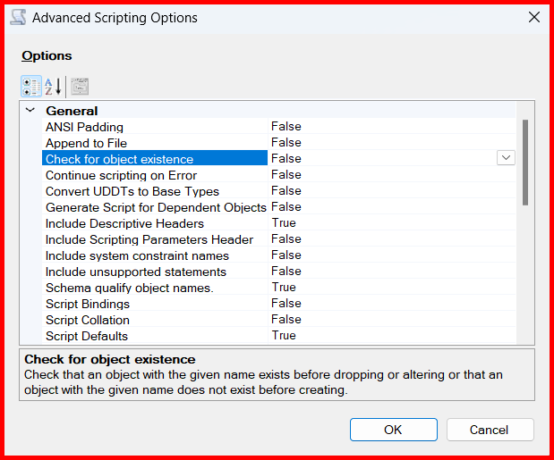 Picture showing the popup window of Advanced Scripting options